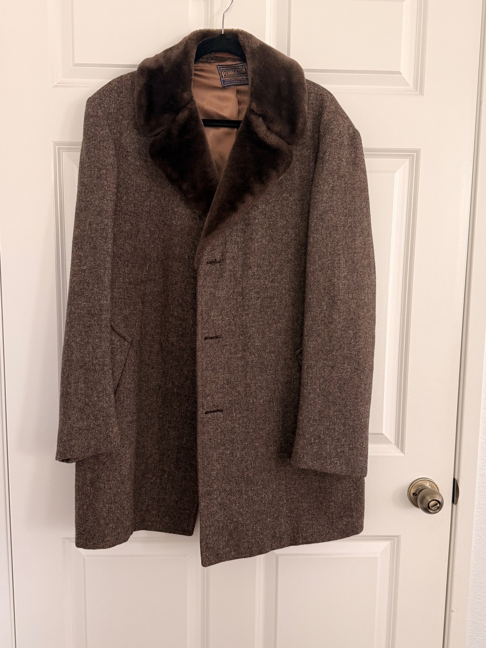Pendleton Brown Wool Pea Coat with Dark Brown Faux Fur Collar